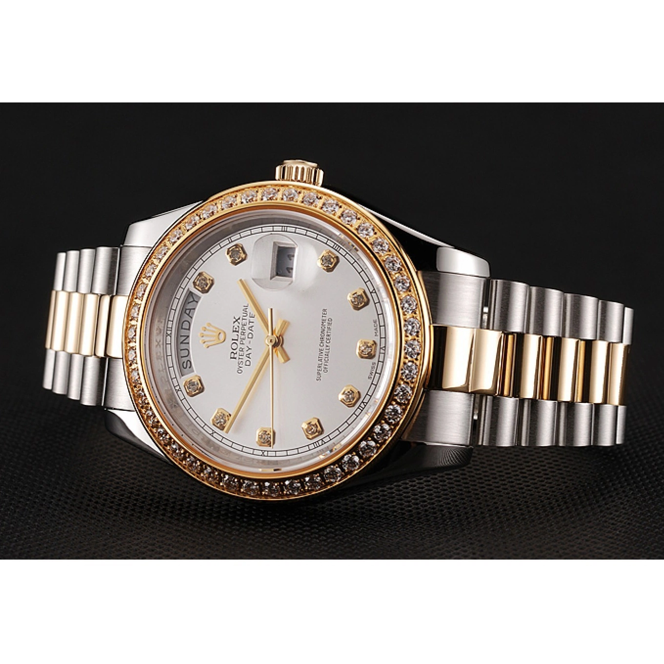 Aaa fake watches Dial 1453971 White Steel Gold Bracelet Stainless Diamond Day-Date Two Tone Swiss Rolex Case 1025